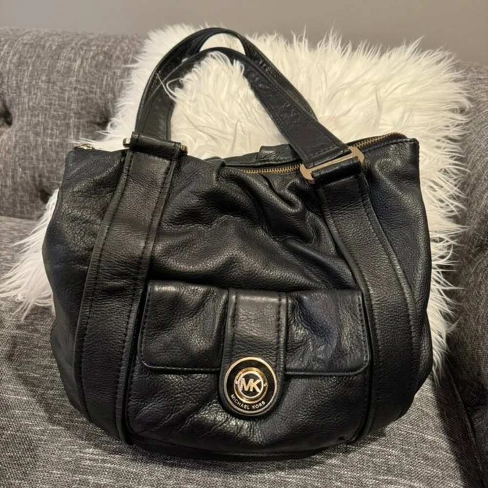 Michael Kors Black Leather Shoulder Bag Slouchy Hobo Gold Hardware Handbag